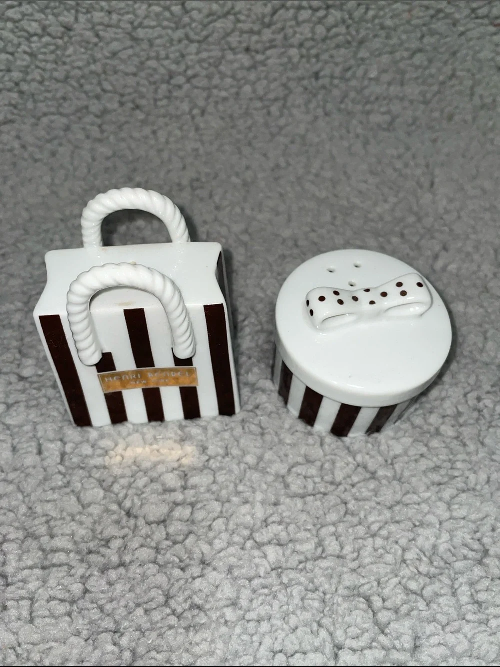 Henri Bendel Brown & White Striped Ceramic Salt and Pepper Shakers